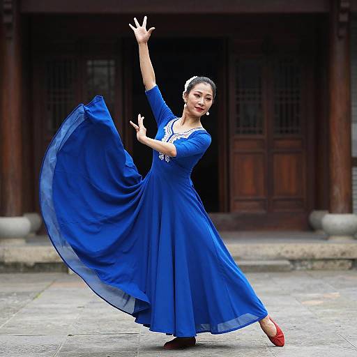 Traditional Dance Woman in a Flowing Blue Dress Outdoors