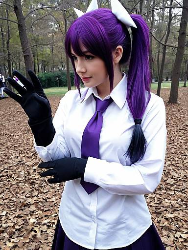 Realistic Anabel Pokémon Cosplay with Purple Hair and White Bow