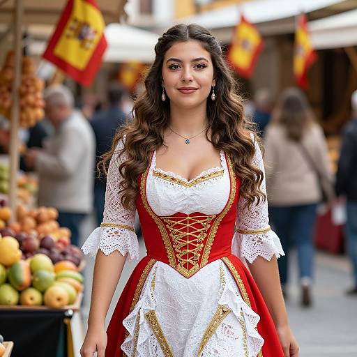Young Woman in Traditional Spanish Costume at Street Market