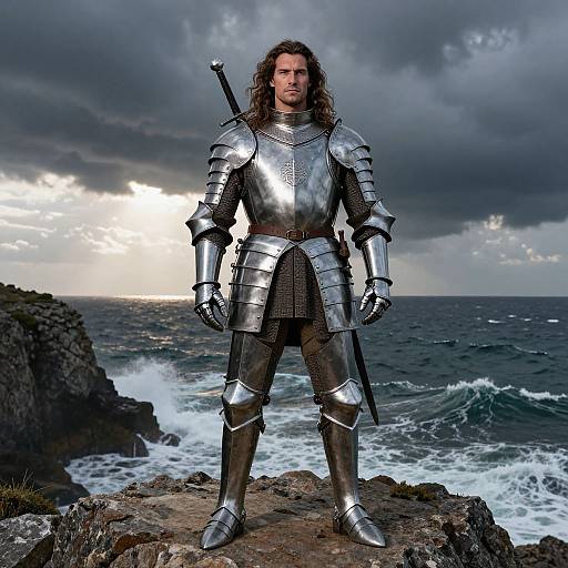 Medieval Knight in Shining Armor on Rocky Coastline