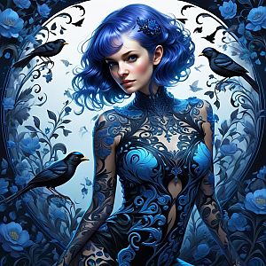 Mystical Woman with Blue Hair and Tattoos