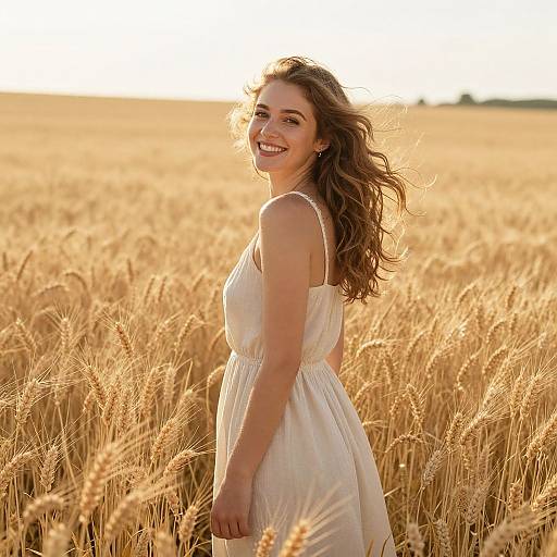 Young Woman Smiling in Golden Wheat Field during Sunset