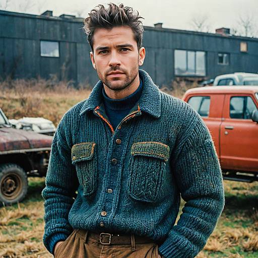 Young Man in Knitted Sweater with Vintage Truck Background