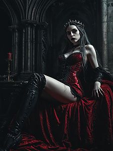 Gothic Woman in Red Corset Dress with Dark Gothic Makeup and Medieval Setting