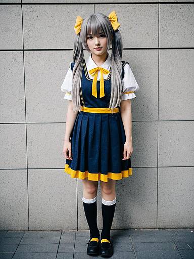 Young Woman in Navy Blue and Yellow School Uniform Cosplay with Silver Hair