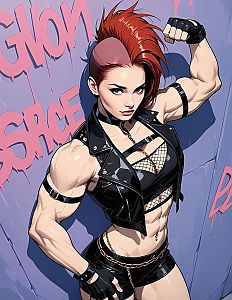 Muscular Woman with Red Mohawk in Punk Style