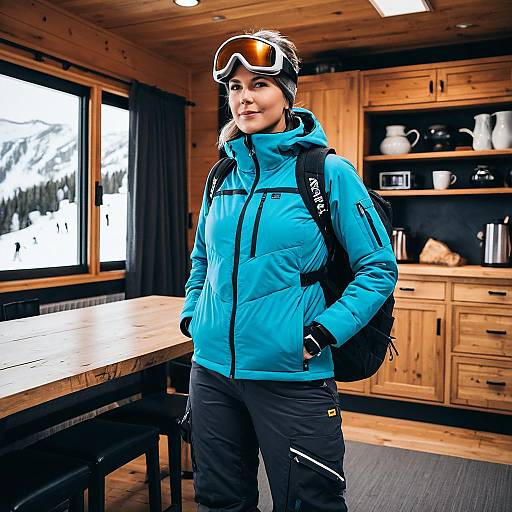 Woman in Blue Winter Jacket Preparing for Skiing in Mountain Cabin