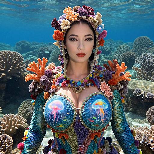 Underwater Woman in Coral and Jellyfish Inspired Fantasy Costume
