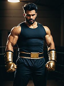 Muscular Man in Realistic Brawler Costume with Golden Gloves and Belt
