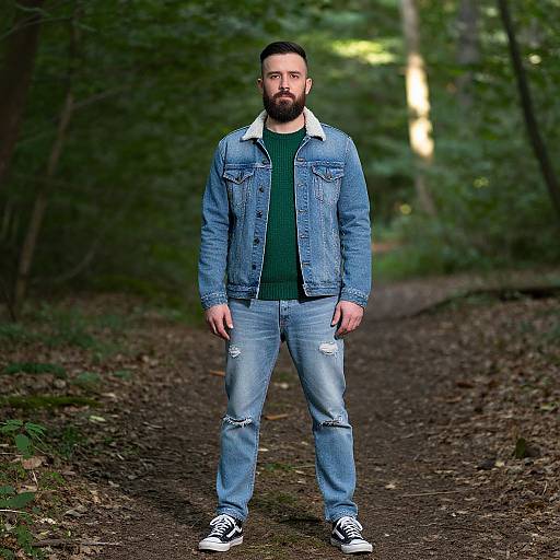 Bearded Man in Denim Jacket Standing on Forest Path