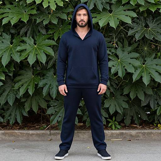 Man Wearing Navy Blue Hoodie and Sweatpants Outdoors