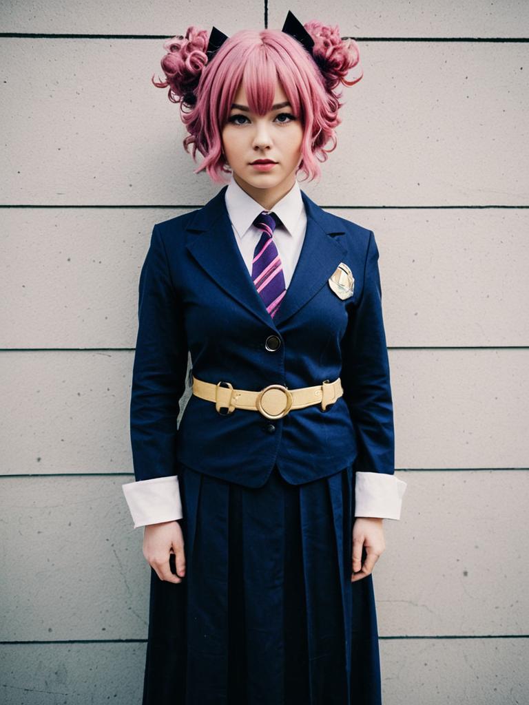 Realistic Mina Ashido Cosplay Woman in Navy School Uniform