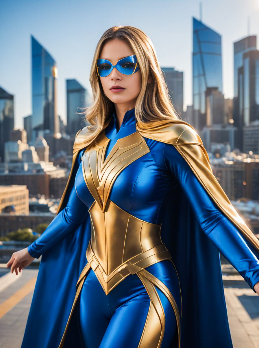 Confident Superhero Woman in Blue and Gold Costume