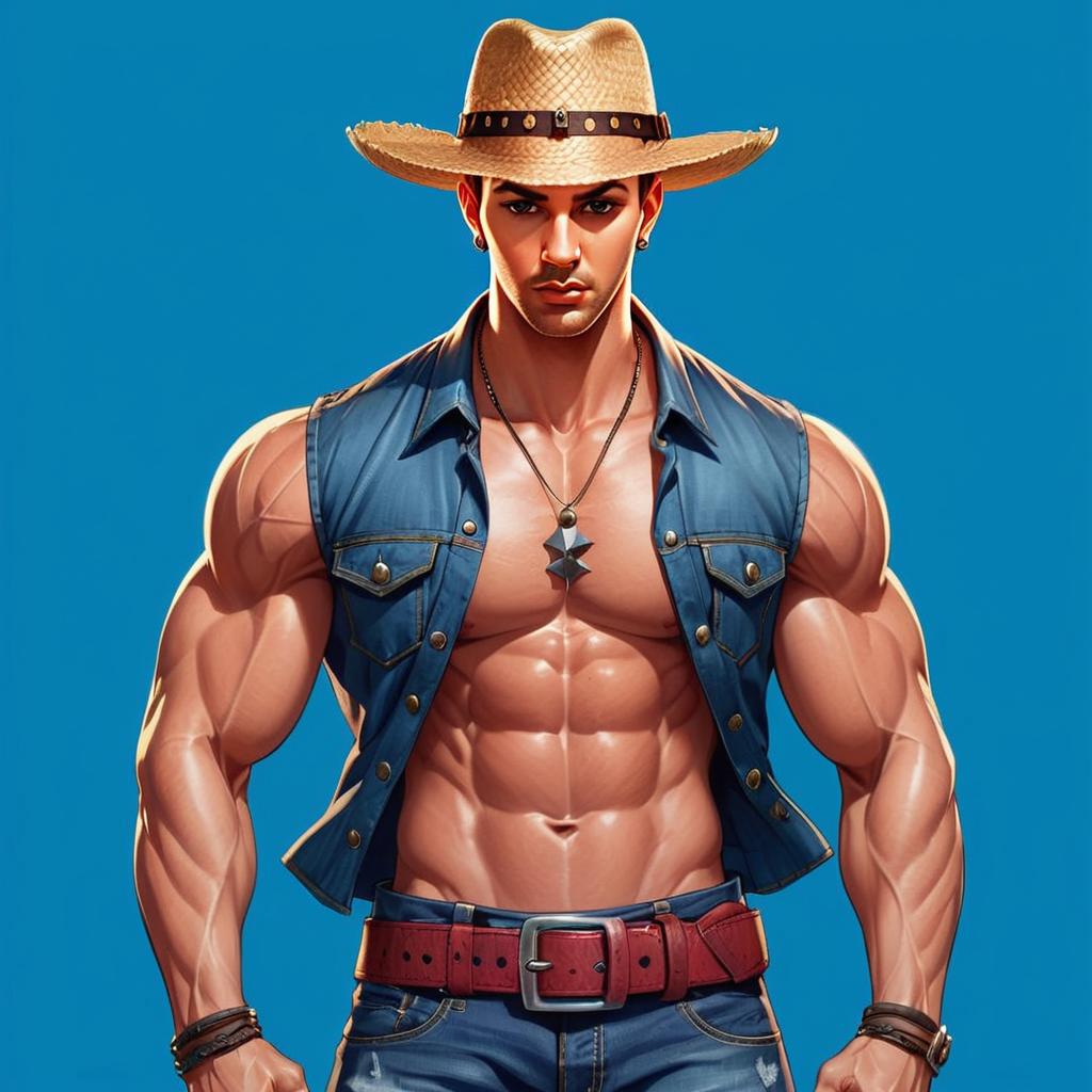 Muscular Man in Cowboy Hat and Denim Vest Digital Illustration