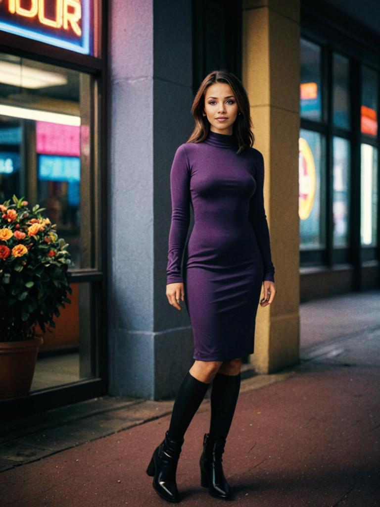 Woman in Purple Dress on City Street