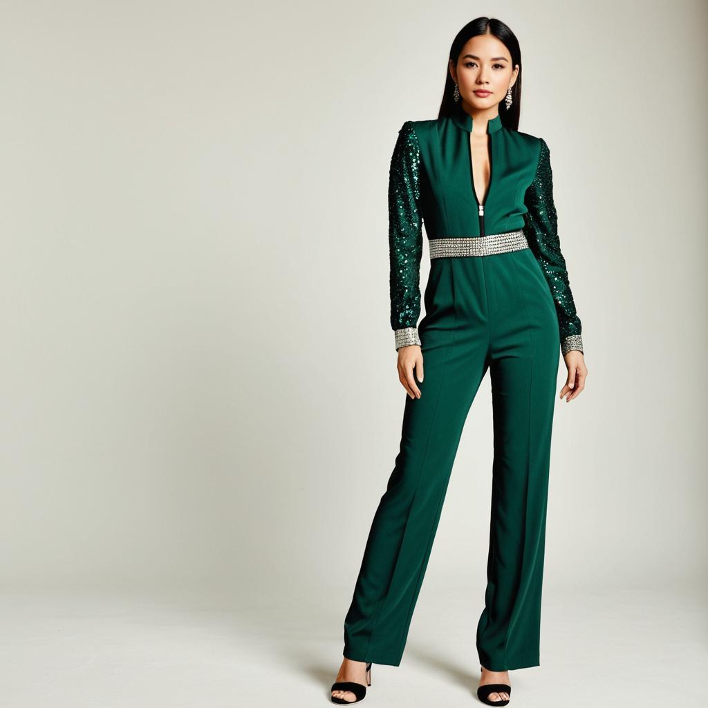 Elegant Emerald Green Jumpsuit with Sequined Sleeves and Silver Belt Elegant Emerald Green Jumpsuit with Sequined Sleeves and Silver Belt