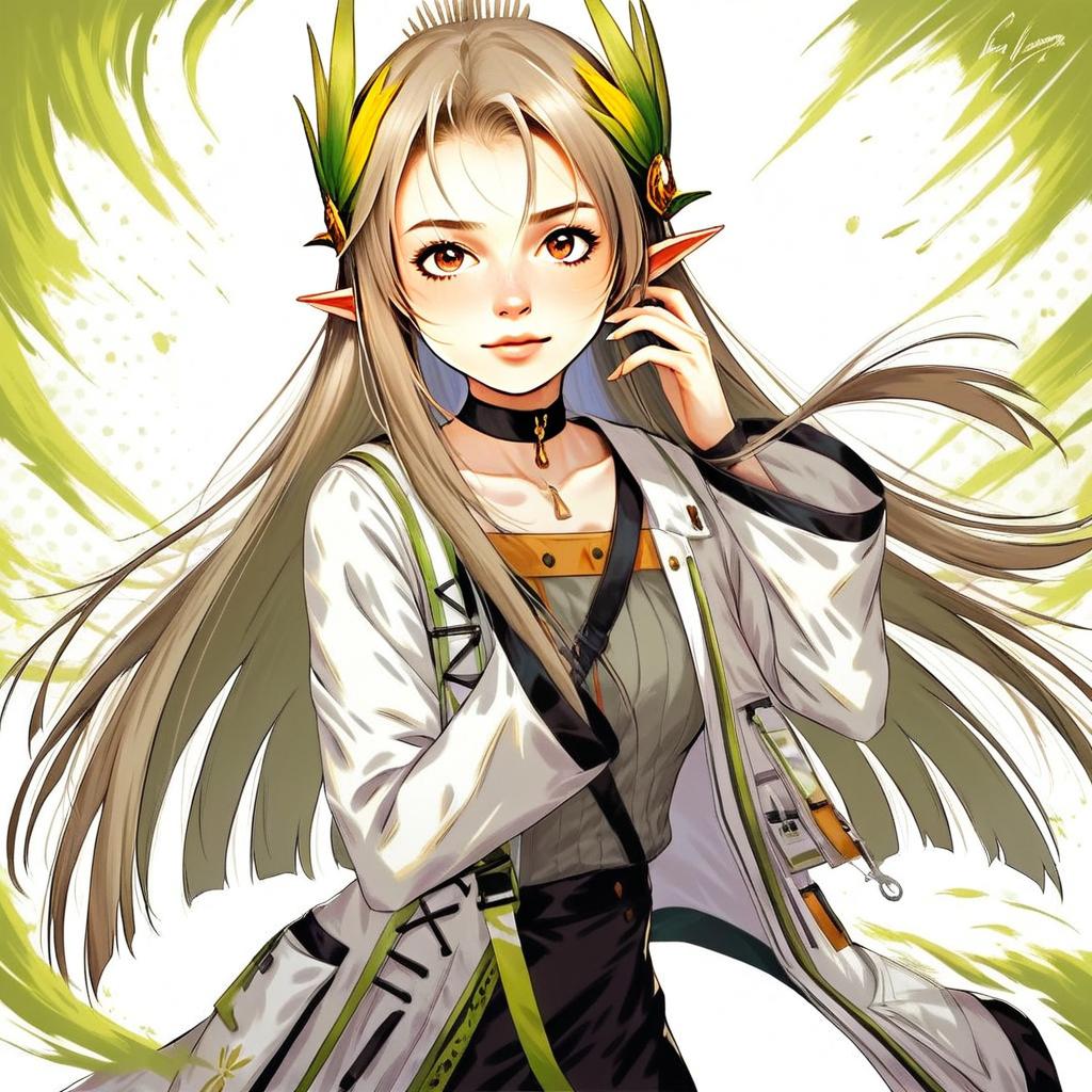 Anime Woman with Elf Ears and Green Feather Accessories in Fantasy Style