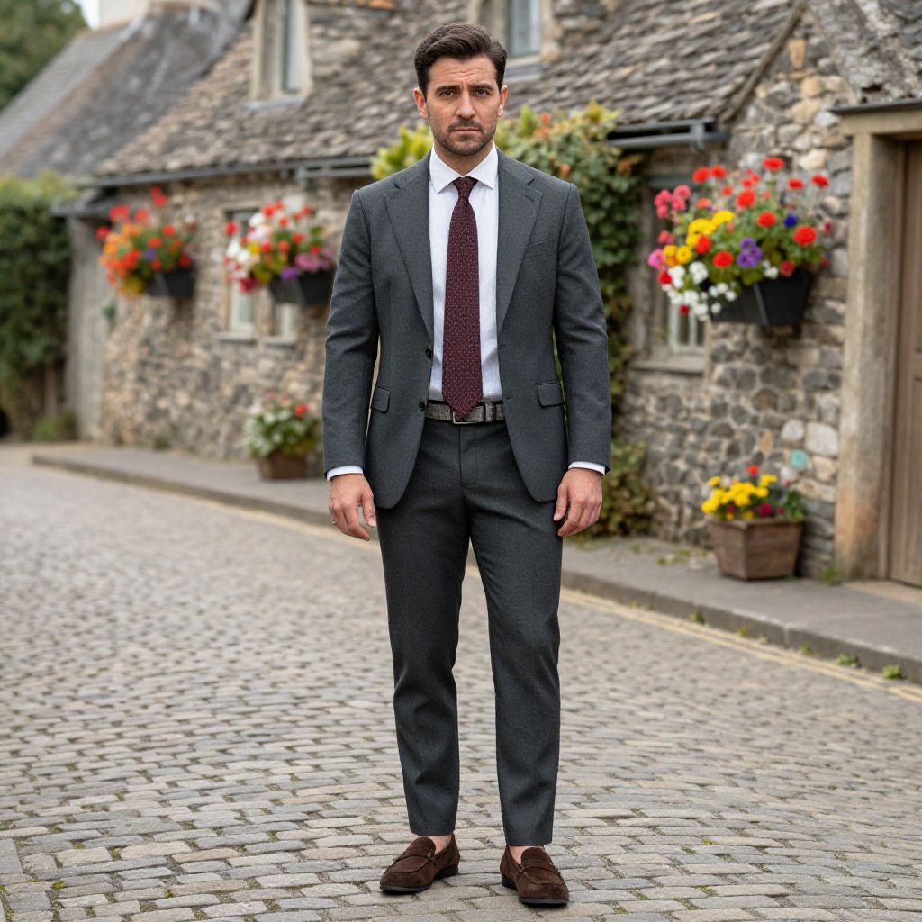 Man in Charcoal Gray Suit on Cobblestone Street with Flowered Stone Houses