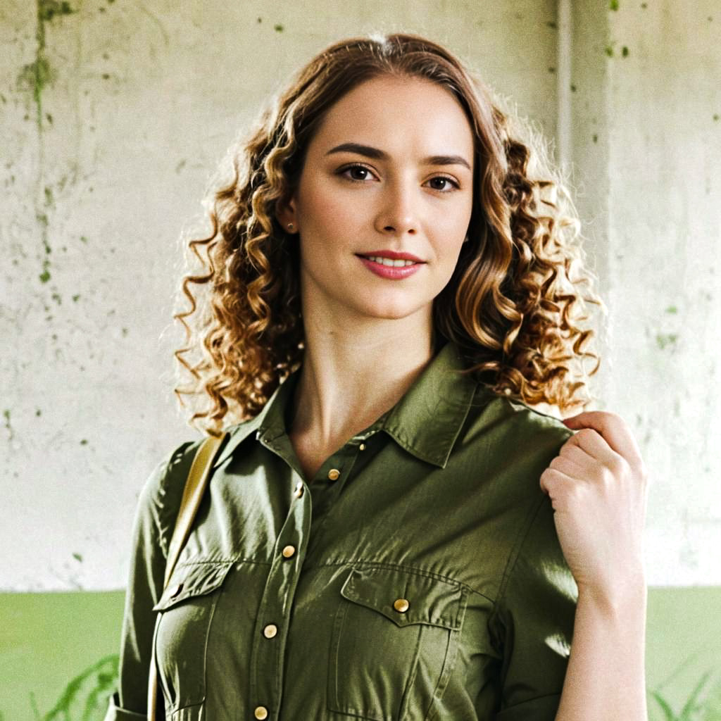 Confident Woman with Curly Hair in Green Shirt