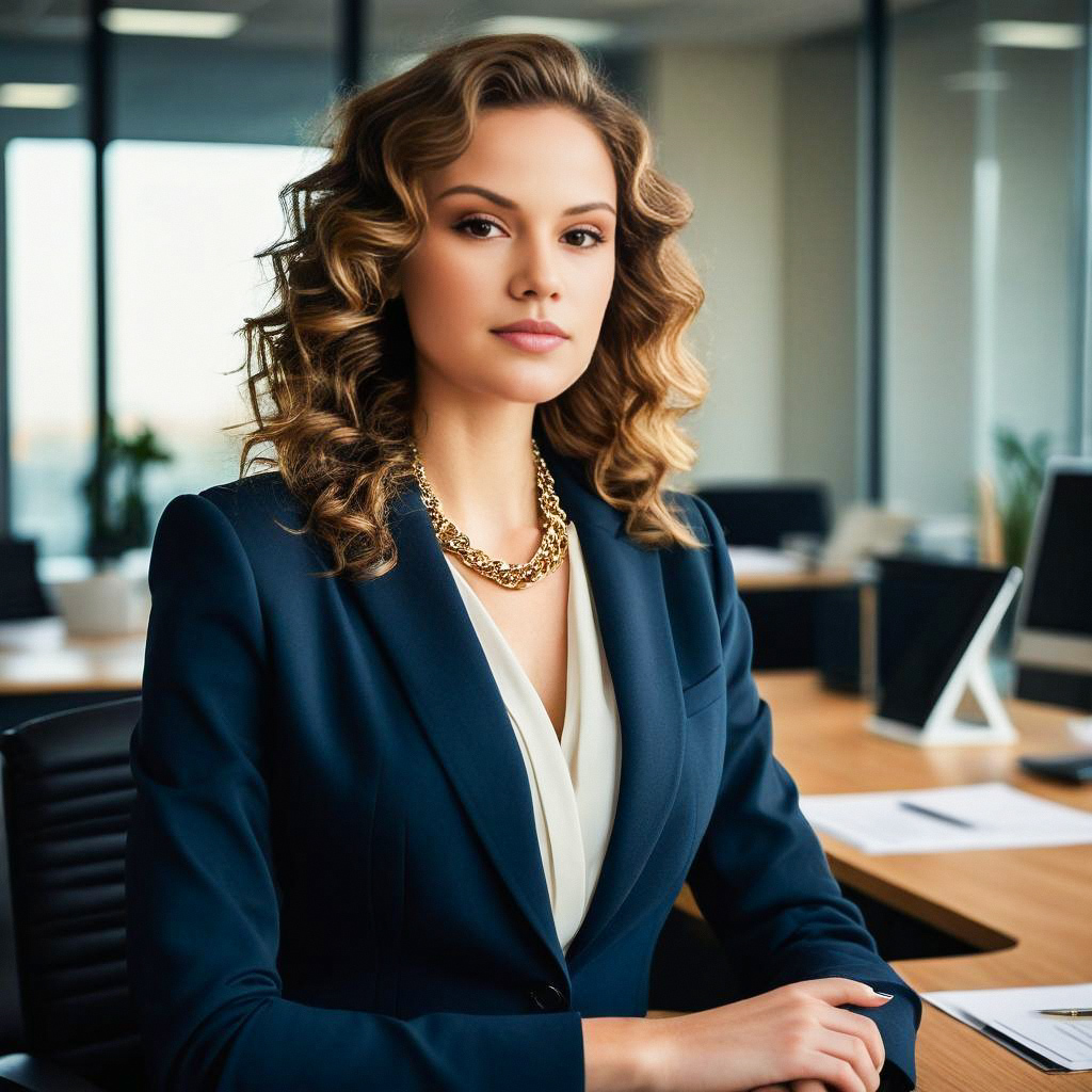 Confident Woman in Navy Blazer - Modern Office Confident Woman in Navy Blazer - Modern Office