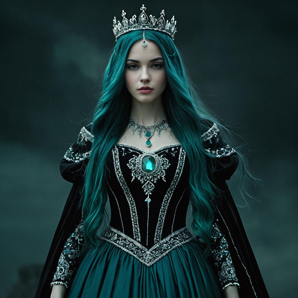Regal Woman in Medieval Gown with Teal Hair and Crown