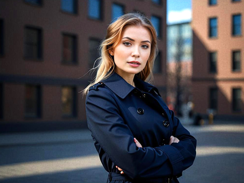 Confident Woman in Chic Navy Coat Against Modern Architecture