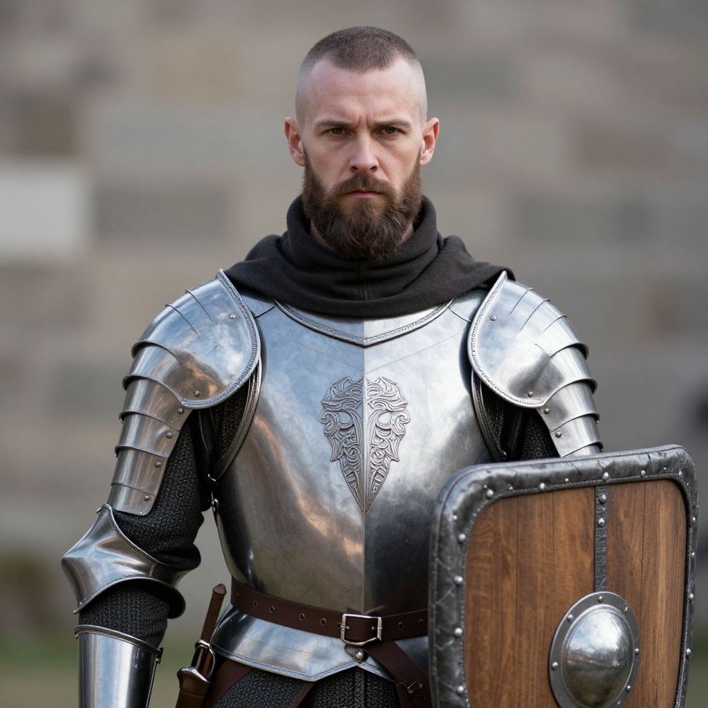 Medieval Knight in Detailed Steel Armor with Wooden Shield
