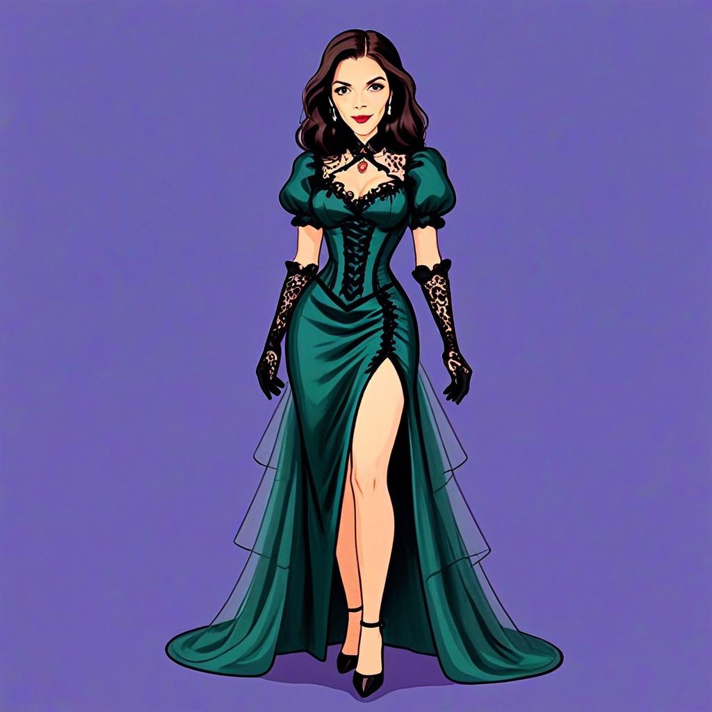 Gothic Corset Bodycon Dress Woman Illustration with Lace Gloves