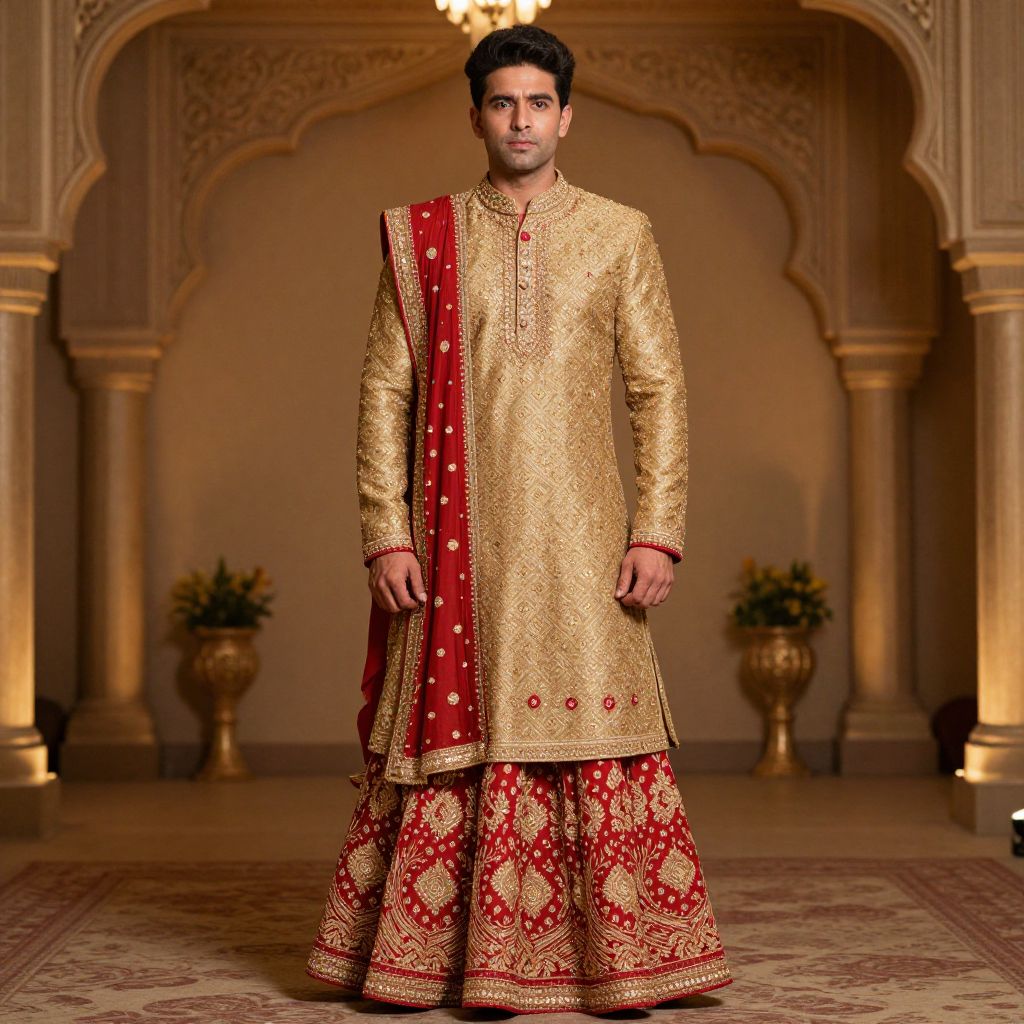 Traditional Indian Sherwani Outfit with Red Lehenga and Gold Embroidery