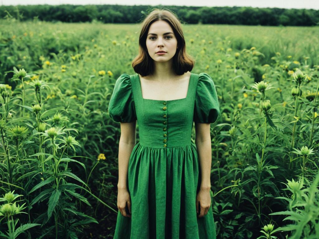 Woman in Green Vintage Dress Standing in Wildflower Field