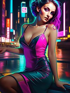Stylish Woman with Pink and Purple Hair in Neon Urban Setting