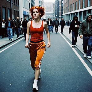 Woman in Run Lola Run Costume Jogging on City Street