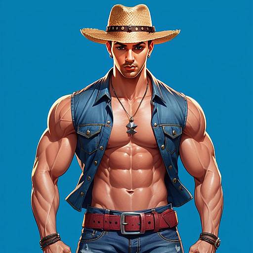 Muscular Man in Cowboy Hat and Denim Vest Digital Illustration