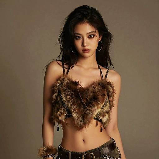 Trendy Gen Z Woman in Faux Fur Crop Top and Edgy Fashion Studio Portrait