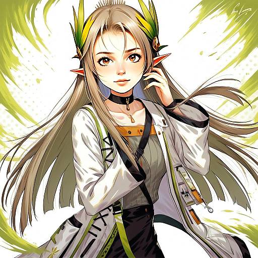 Anime Woman with Elf Ears and Green Feather Accessories in Fantasy Style