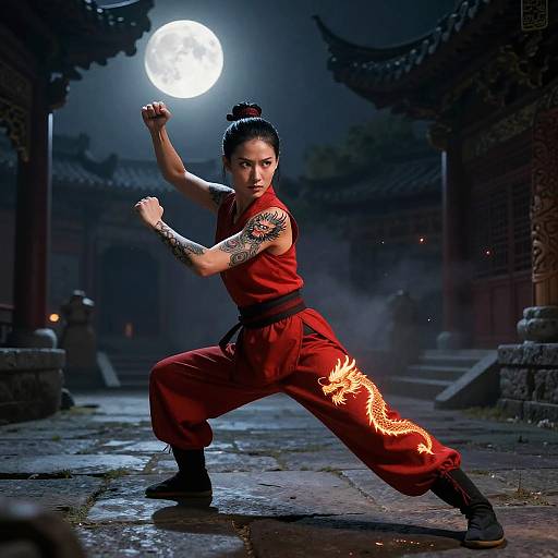 Martial Arts Woman in Red Outfit with Glowing Dragon Design Under Full Moon
