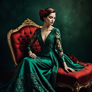 Elegant Woman in Green Gown on Red Chaise Lounge