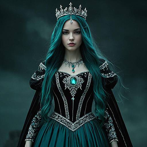 Regal Woman in Medieval Gown with Teal Hair and Crown