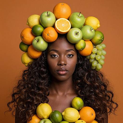 Creative Portrait of Woman Wearing Fruit Headpiece with Oranges, Apples, and Lemons