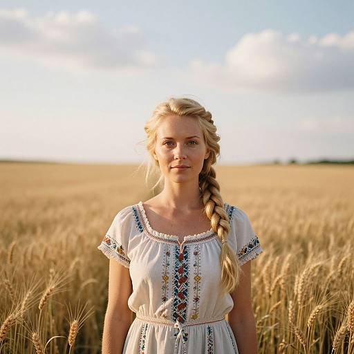 Blonde Woman in Embroidered Dress Standing in Wheat Field