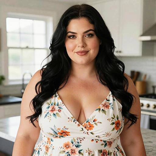 Confident Plus Size Woman in Floral Dress in Modern Kitchen