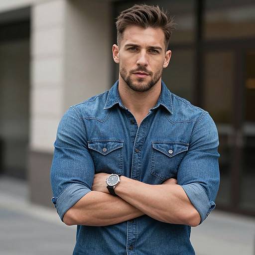 Confident Young Man in Fitted Denim Shirt Posing Outdoors
