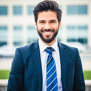 Confident man in navy suit smiling outdoors