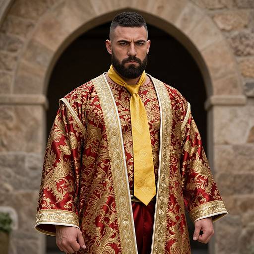 Man in Ornate Traditional Red and Gold Costume with Yellow Tie