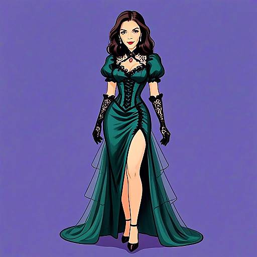 Gothic Corset Bodycon Dress Woman Illustration with Lace Gloves