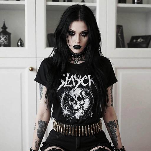 Gothic Woman Wearing Slayer Band Tee and Bullet Belt