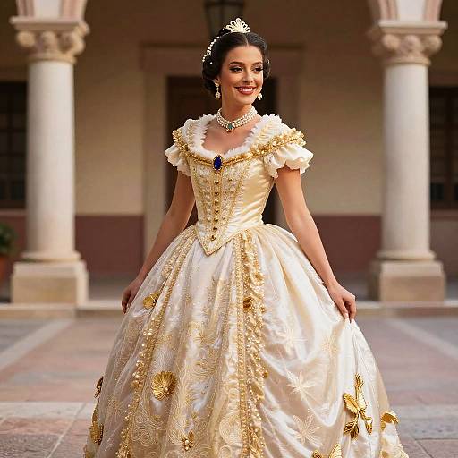 Woman in Elegant Ivory and Gold Princess Ball Gown Costume
