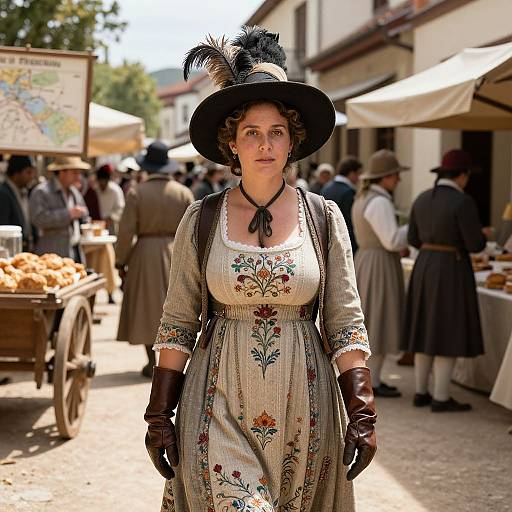 Woman in 18th Century Embroidered Dress and Feathered Hat at Historical Market