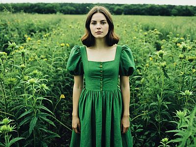Woman in Green Vintage Dress Standing in Wildflower Field