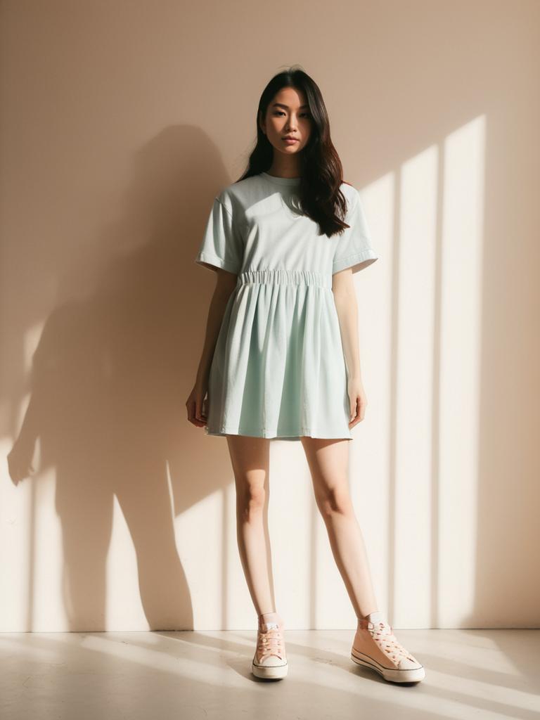 Woman in Casual Streetwear Light Pastel Mini Dress with High-Top Sneakers